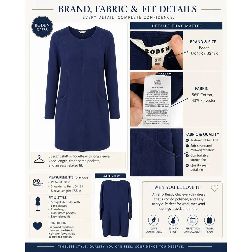 Boden Ellen Ottoman Dress Women Size 12 Regular Navy Ribbed Shift Pockets Preppy